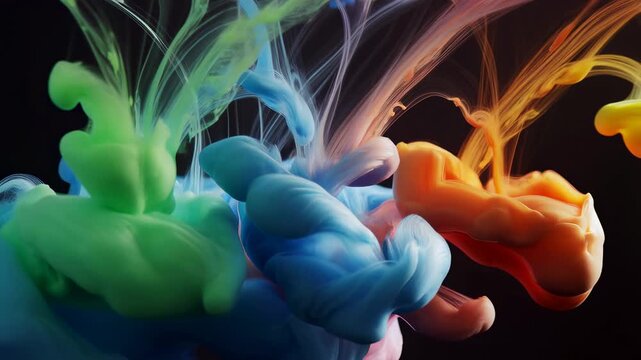 Colored ink drops in green, blue, orange, and yellow fall and diffuse in liquid against a black background. Animated background combines diffusion with layered depth.