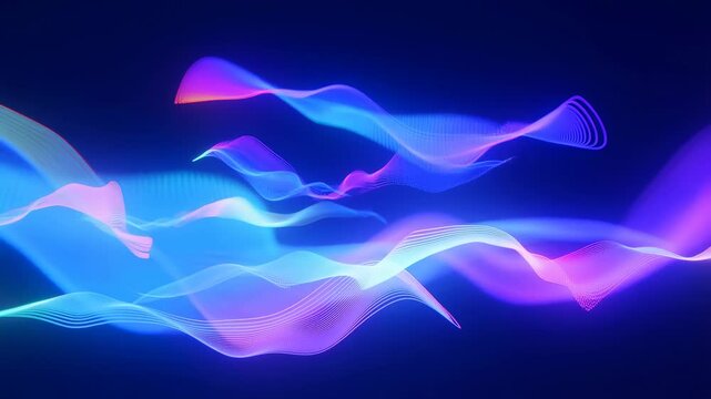 Colorful glowing wave lines flow and undulate smoothly on a dark background. Abstract background features colorful flowing wave lines with rhythmic movement.