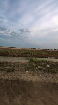 Vertical countryside view captured from a moving car as strong winds sweep across open farmland beneath a dramatic cloudy sky. Road trip, rural scenery and approaching storm theme. 4K