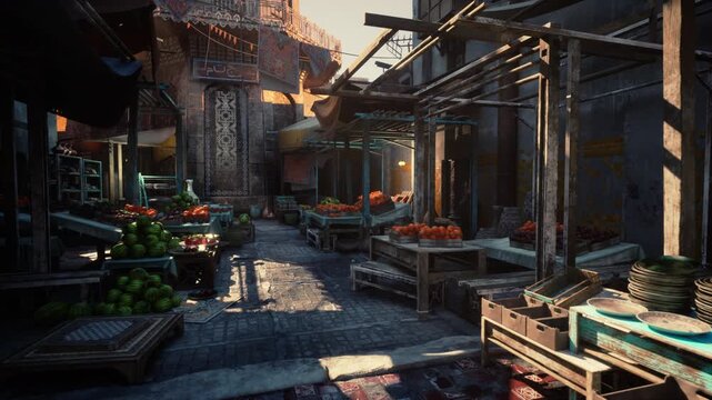 sunlit market alley at golden hour, narrow cobblestone lane lined with wooden stalls and crates of fruit and vegetable, warm lowangle light casting long