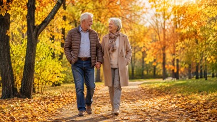 Fototapeta premium Happy Senior Couple Walking Hand in Hand Through Autumn Park in Active Retirement