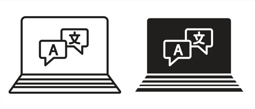 A collection of language translator monitor icons in line and solid styles; suitable for websites, logos, apps, templates, and user interface (UI) designs. Vector illustrations.