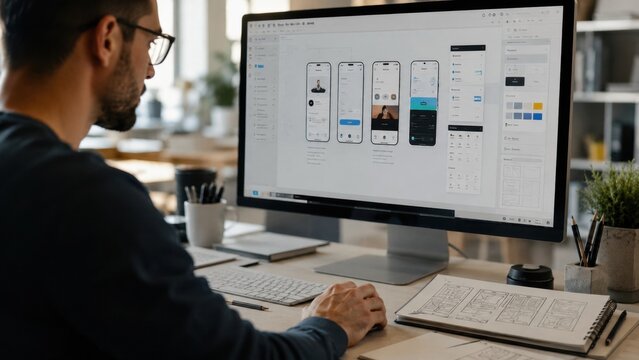 UI UX Designer Creating Mobile App Interface and Wireframes on Desktop Computer