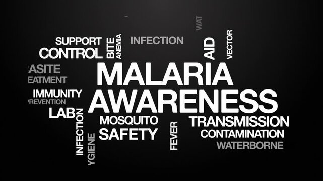 Malaria awareness concept Animated Tag Word Cloud kinetic typography, Text Design Animation typography seamless loop video motion graphics Intro Wordart arrangement white type on black background bg b
