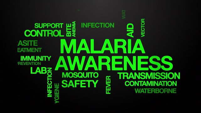 Malaria awareness concept Animated Tag Word Cloud kinetic typography, Text Design Animation typography seamless loop video motion graphics Intro Wordart arrangement green type on black background bg b