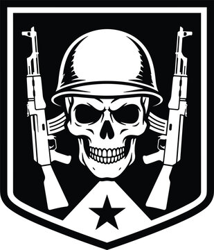 Military skull emblem vector wearing helmet with crossed assault rifles patch shield insignia military tactical soldier skull badge