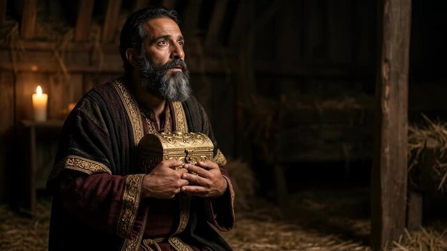Biblical wise man holding a sacred golden treasure chest and kneeling in reverence inside a rustic wooden stable lit by candlelight during the traditional christmas nativity scene