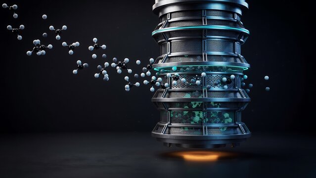Cylindrical metallic industrial machine component emitting glowing blue light and attracting small molecular particles on a dark floor surface.