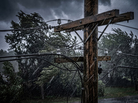 Utility pole during a heavy windstorm with rain and dark clouds in a rural landscape setting.