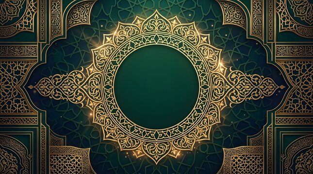 Luxurious Islamic background featuring rich green-gold layers, glowing particles, and an intricate golden circular floral frame with copy space for design.