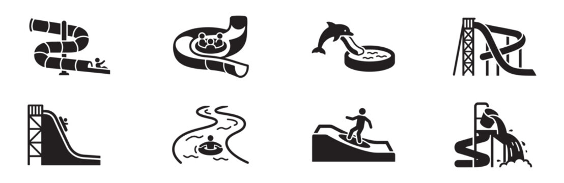 Set of water park icons including water slides, tube rides, and pool attractions isolated on white background