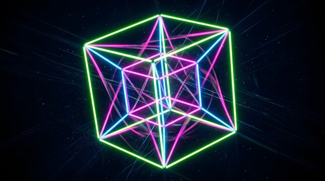 Glowing colorful neon tesseract structure floating in deep space.