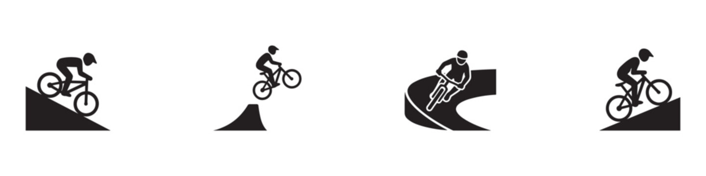 Set of mountain biking icons showing different riding techniques and terrain features