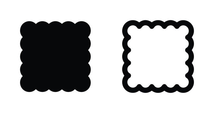Set of two square scalloped biscuit shapes, solid black and outline icon style, isolated on white background