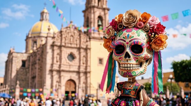Dia de los muertos festival with ornate sugar skull puppet and cathedral