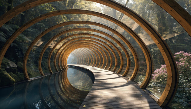 Futuristic Biophilic Glass And Timber Tunnel Walkway Winding Through Lush Forest With Wooden Boardwalk, Reflective Water Channel, And Moss Covered Rocks Under Natural Sunlight