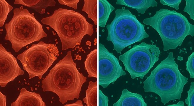 Before and After Drug Treatment Cellular Comparison Showing Medication Effects on Diseased and Healthy Cells