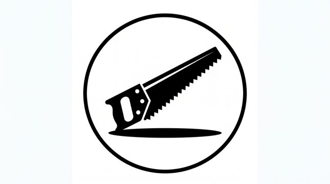 Minimalist hand saw icon in black circle, carpentry tool silhouette, wood cutting equipment for construction and DIY projects