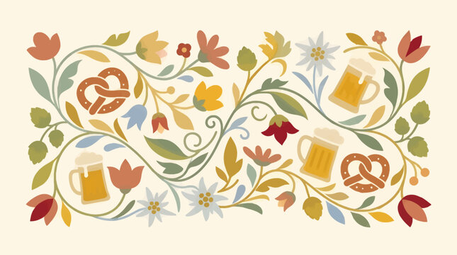 vector illustration of floral pattern with beer mugs and pretzels, flat design, festive celebration