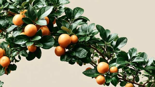 Vibrant orange kumquat fruits cling to a curved branch.\nGlossy green leaves sur