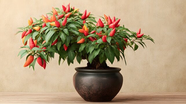 Potted chili pepper plant displays bright red and orange fruits