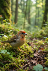 Naklejka premium Wildlife and nature conservation, small bird on mossy forest floor, biodiversity and ecosystem health