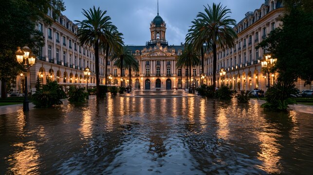 Elegant building illuminated at dusk
