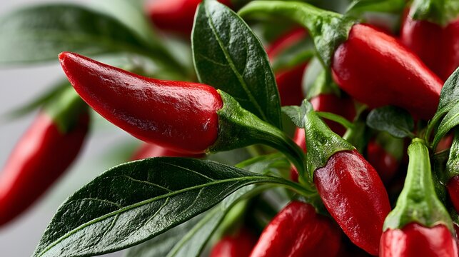Bright red chilies with shiny surfaces cluster on green stems