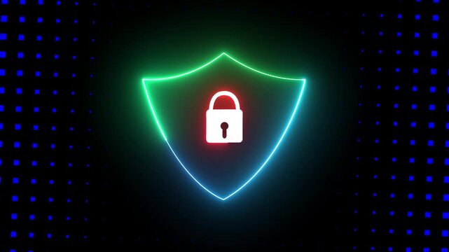 Neon shield with padlock cyber security animation for data protection and digital privacy concepts padlock information security