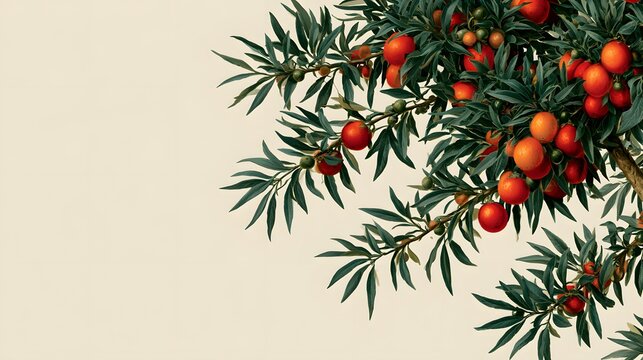 Soft beige backdrop features a fruit-bearing branch
