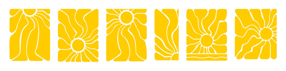 Fototapeta premium Retro Groove sun pattern with groovy waves and radial rays. Vintage summer background featuring psychedelic sunburst design, vibrant colors, and 70s-inspired geometric shapes.