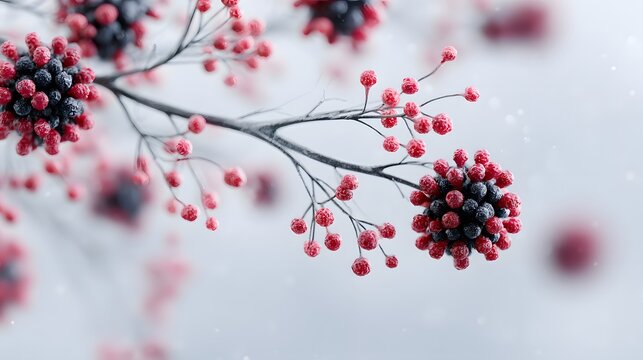 Vibrant red and black berries cluster on a dark branch