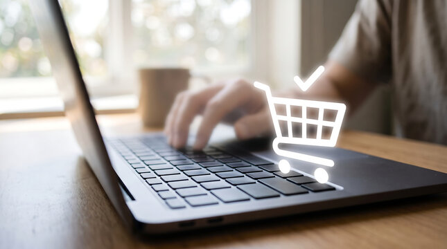 Hand Typing on Laptop with Glowing Shopping Cart Icon &mdash; Online Shopping and E-Commerce Concept
