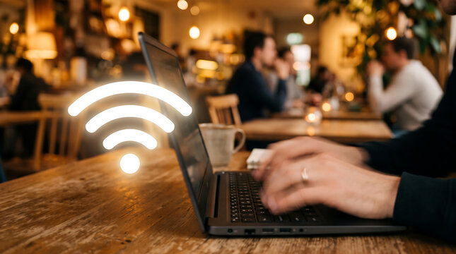 Hand Typing on Laptop with Glowing Wi-Fi Signal Icon Wireless Internet Connection Concept
