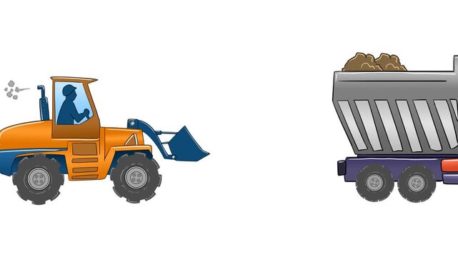 Animated wheel loader loading soil into a dump truck. Heavy machinery construction and earthmoving equipment vector animation clip art