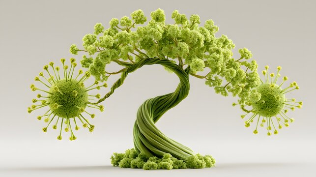 Artistic tree with curved stem and spiky leaves