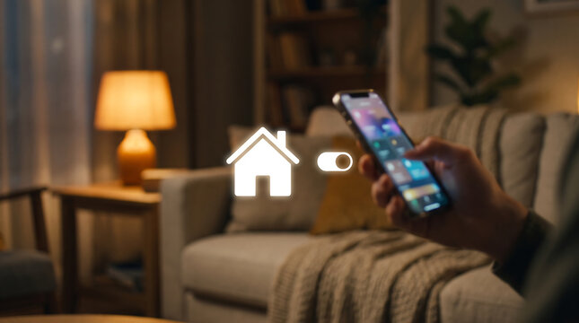 Hand Holding Smartphone with Home and Wi-Fi Icons Smart Home and Remote Control Concept
