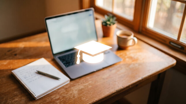 Graduation Cap Icon Beside Laptop on Sunlit Desk Online Education and Academic Achievement Concept
