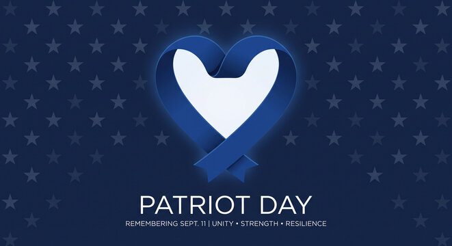 Patriot Day graphic with blue ribbon heart and stars background remembering September 11th unity strength resilience