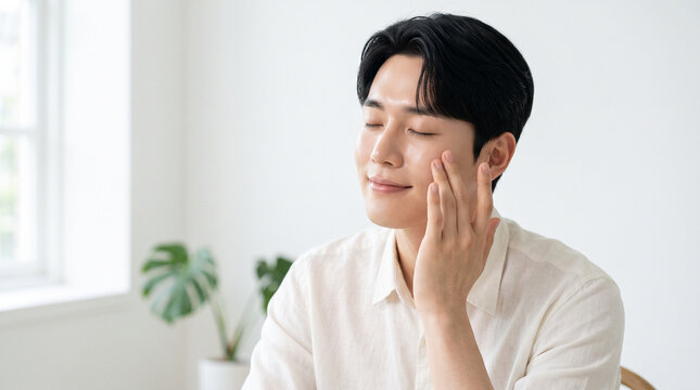 Radiant Young Korean Man with Glowing Skin in Soft Morning Light