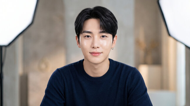 Confident Young Korean Man with Flawless Skin for Skincare Advertising