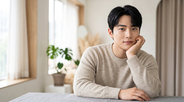 Young Korean Man Resting Chin on Hand for Beauty Campaign