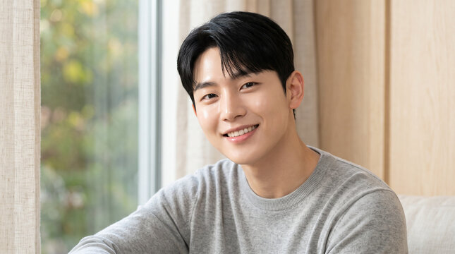 Smiling Young Korean Man with Flawless Complexion in Soft Daylight