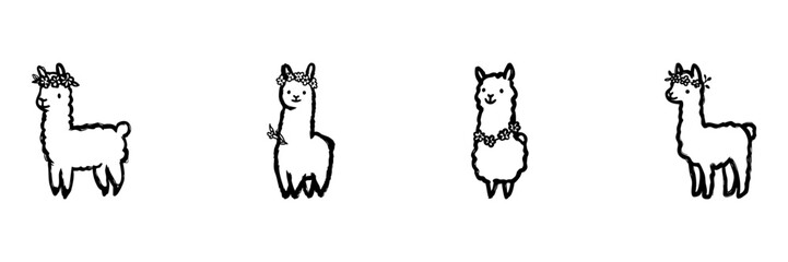 Naklejka premium Llamas With Floral Decorations Hand Drawn Doodle Icon Set. Cute And Whimsical Llama Sketch Symbol Collection. Decorative Design And Children'S Book. Isolated Vector Illustration