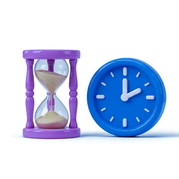 Hourglass and clock with blue and purple background