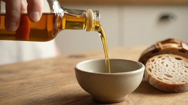 Pouring Golden Olive Oil from Glass Bottle into Ceramic Bowl Near Fresh Sliced Bread on Wood Table