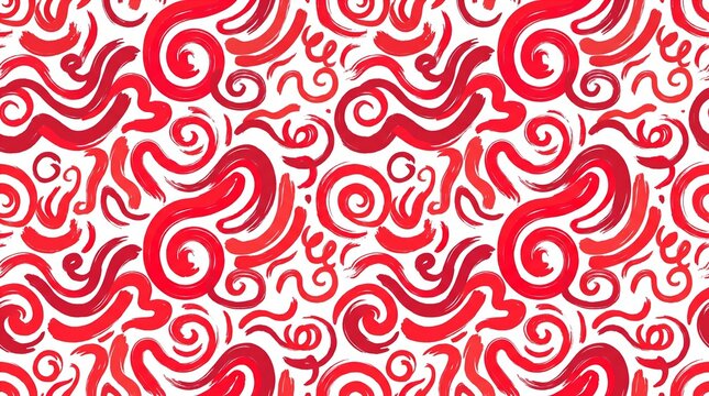 Wavy swirled brush-stroke vector seamless pattern, vibrant red and white graphic wallpaper