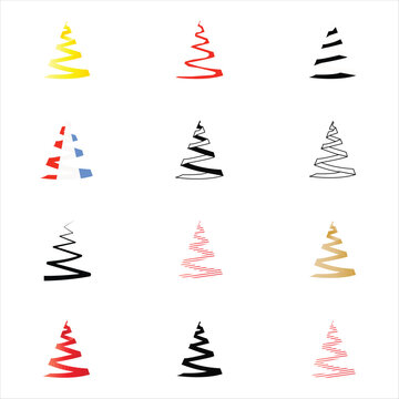 Abstract spiral Christmas tree icons and modern holiday ribbon vector set