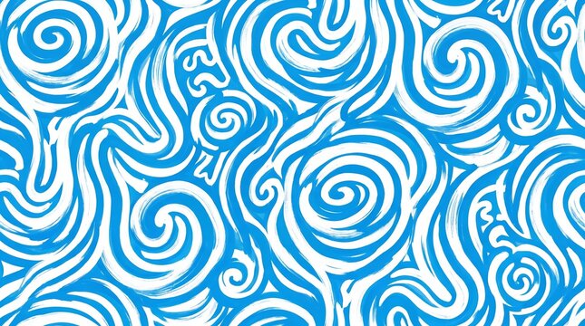 Wavy swirled brush-stroke vector seamless pattern, vibrant blue and white graphic wallpaper