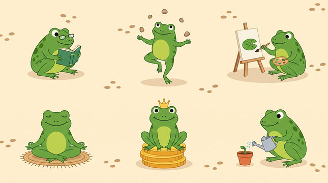 Cute frog character engaging in various activities set vector illustration isolated on background